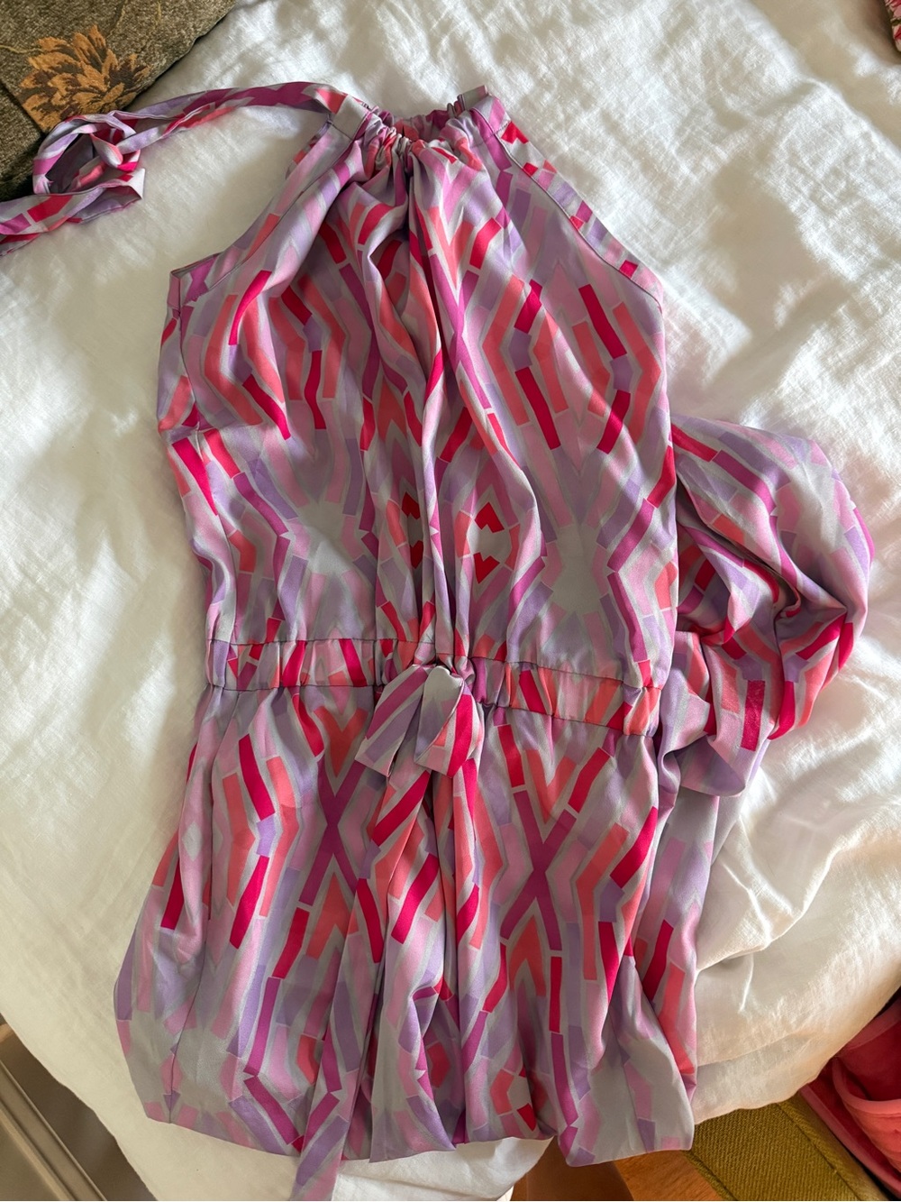 Women’s high neck maxi tie dress Pink & Lavender geometric print
